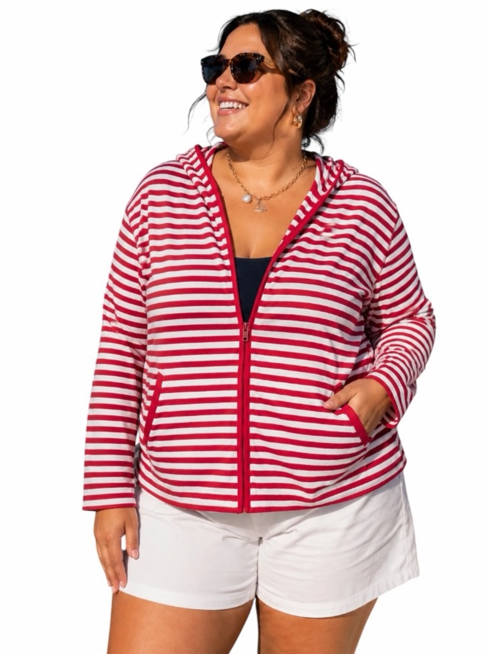 Red & White 1X/2X Stripe Midweight Zip Up Hooded Jacket Plus Size